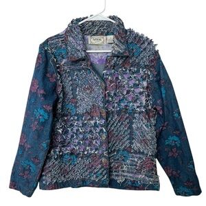 Tantrums Denim Jacket Women M Jean Stamped Cotton Unique Rag Fray Shred …
